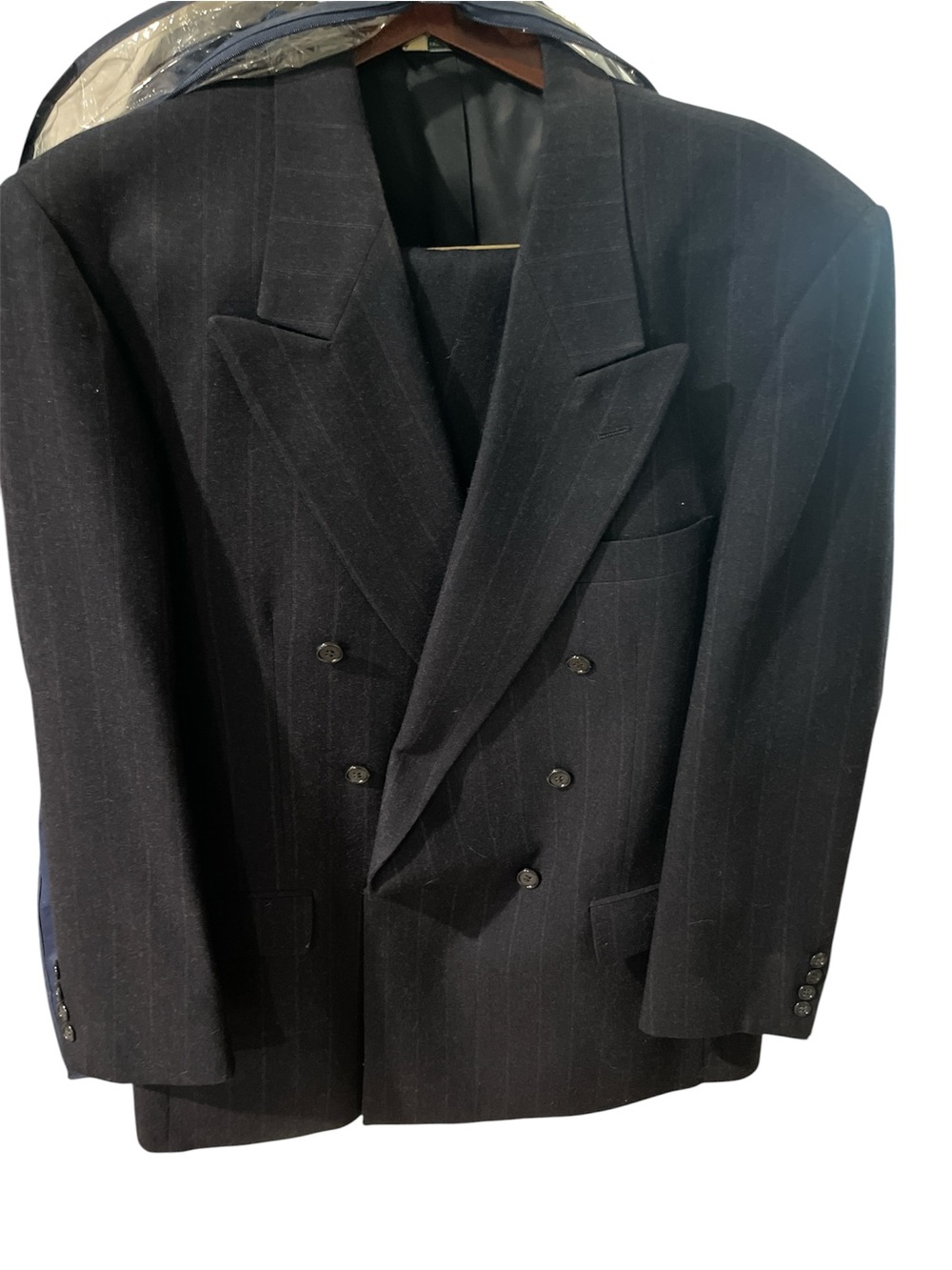 Evan Picone Men's Double-Breasted Pinstripe Suit- Black 44 Regular